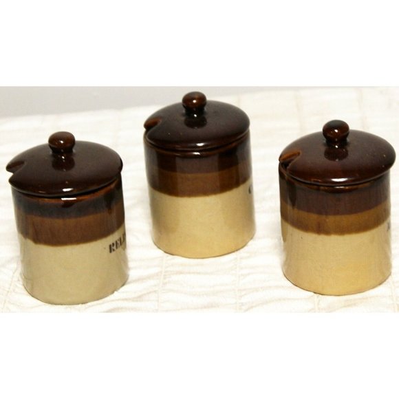 1960s 3 Brown Dip Tan Condiment Jar Lid Stoneware Crock Mustard Relish BBQ Party - Picture 4 of 11